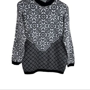 VTG 90s Granny Sweater M Black White Fair Isle Chunky Knit Ski Whimsigoth Nordic